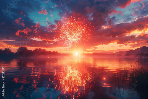 Radiant firework blooms into a dazzling display of red white and blue reflecting off a serene lake during Independence Day celebrations isolated on a gradient background, 3d render © Anna