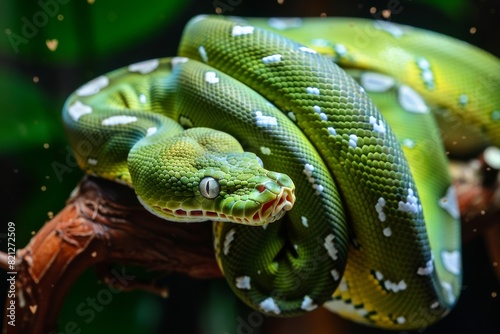 Green tree python coiled around a branch. Created with Generative AI. photo