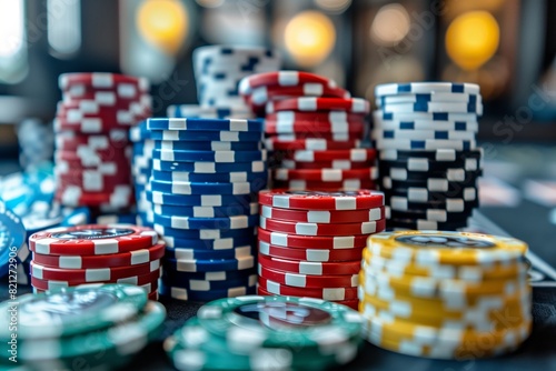 Colorful casino chips in a blurry background