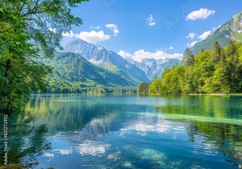lake in a halveic climate, surrounded by lush green forests and majestic mountains under clear blue skies Generative AI