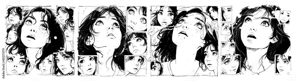 Anime girl face ink sketch vector set. Woman fear confusion anger horror fright emotions scene manga comic strip gray monochrome frame character, illustration isolated on white background Anime girl face ink sketch vector set. Woman fear confusion anger horror fright emotions scene manga comic strip gray monochrome frame character, illustration isolated on white background