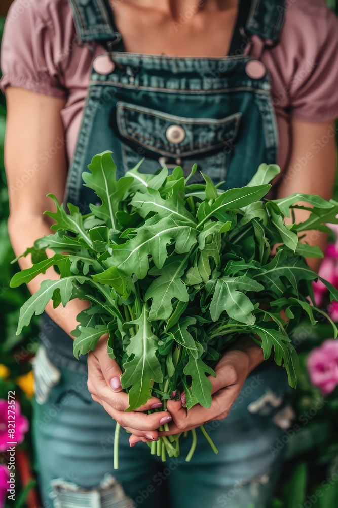 Fototapeta premium Harvest in the hands of a woman in the garden. Selective focus.
