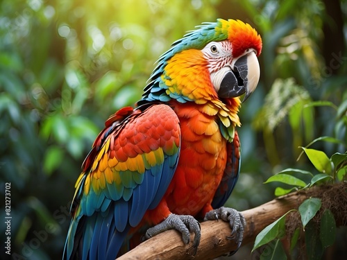 A Macaw parrot sitting on a branch in a tree with a green forest in the background