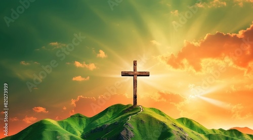 Three cross crucifix on mountain and orange green sky and sunshine texture background