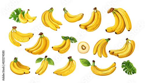 Bananas cartoon vector set. Tropical banana yellow fruits healthy food vitamins exotic desserts, illustration isolated on white background