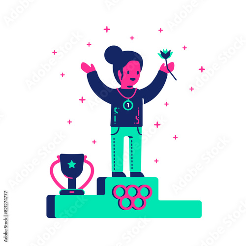 Athlete won the Olympic Games, stands on a pedestal with a medal, cup, and flower