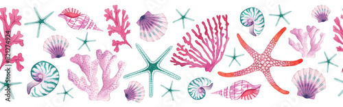 Horizontal Watercolor Seamless Border with Colorful Seaweeds, Coral, Seashells and Starfishes in bright colors isolated on white background. Underwater life hand drawn Illustration