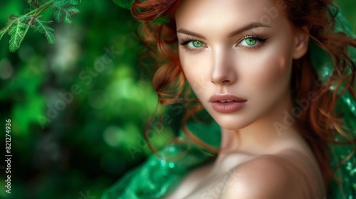 Elegant Woman in Emerald Green Evening Gown with Auburn Hair