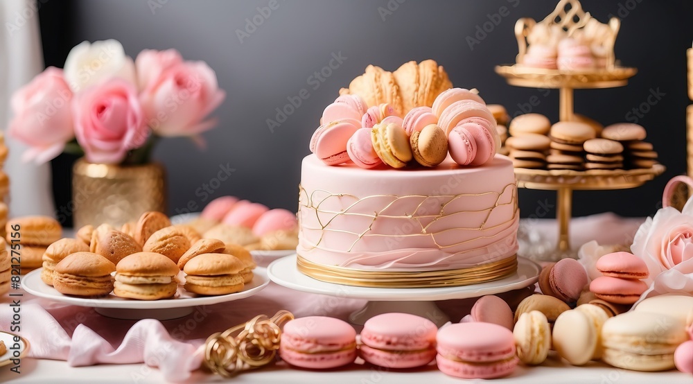Elegant assortment of baked goods with golden croissants, delicate pink macarons and treats