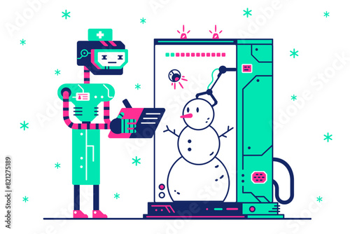 Robot checks the accuracy of the assembly of snowman