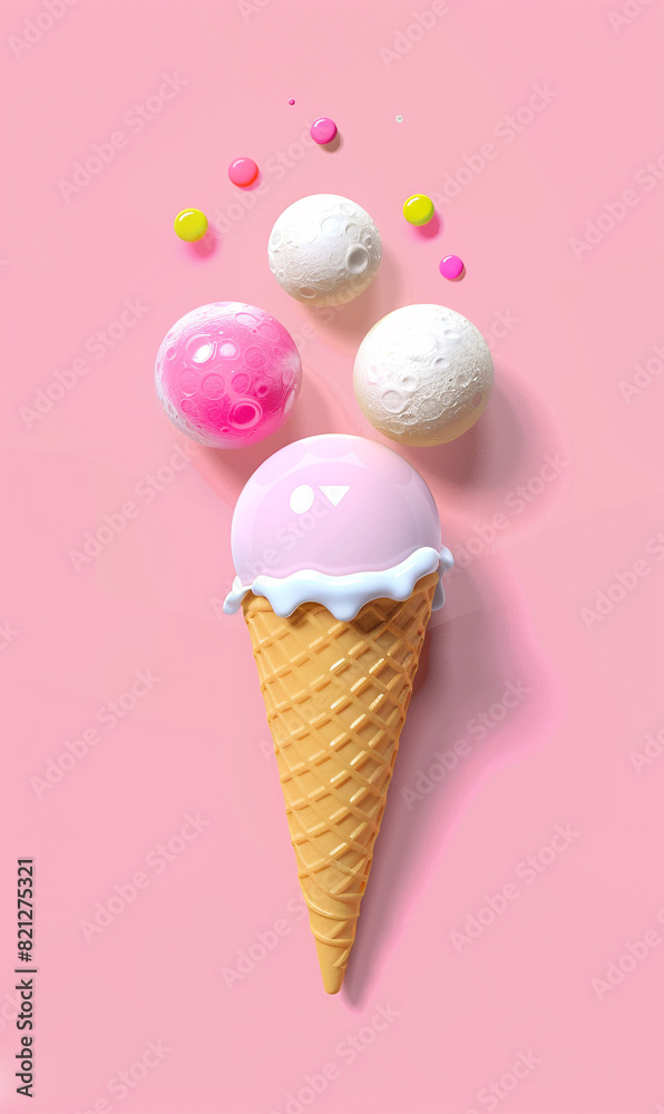 3D randing of ice cream cone with a pink and white ball on top 3D randing of ice cream cone with a pink and white ball on top