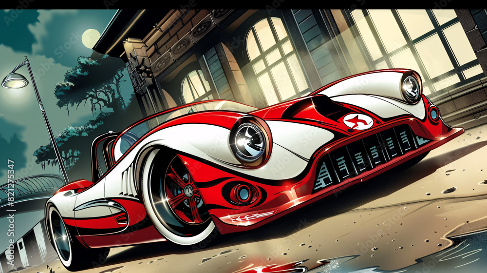Fototapeta premium Futuristic Concept Car Illustrated in Bold and Dynamic Cartoon Style with Sleek Lines and Vibrant Colors. High-Performance Concept Car Featuring Unique Design Elements in a Colorful Cartoon Illustrati