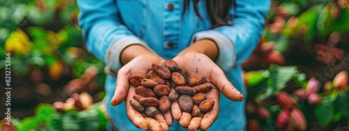 Cocoa beans harvest in the hands of a woman. Selective focus. photo
