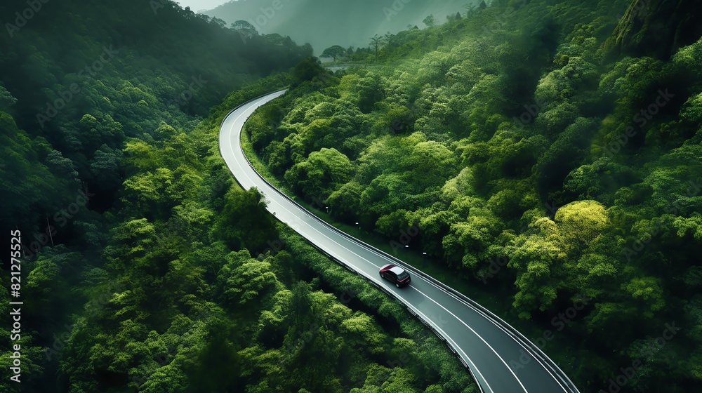 Fototapeta premium A lone car drives through a lush green forest on a winding road
