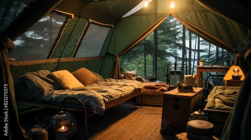 A cozy and inviting canvas tent nestled in the woods