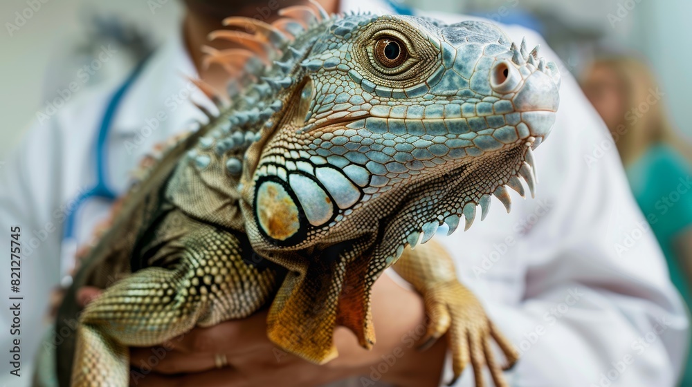 Fototapeta premium Veterinary Clinic Specializing in Exotic Pets with a Professional Vet Examining a Large Iguana