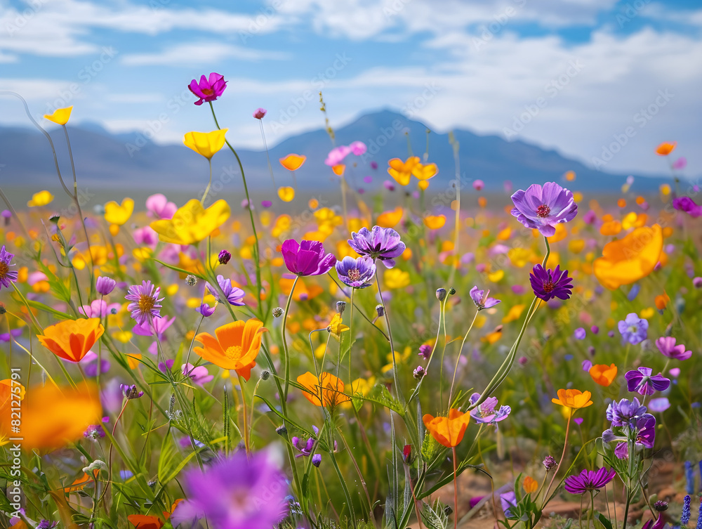 Stunning Wildflower Field in Bloom with Vibrant Yellow, Orange, Purple, and Pink Flowers Against Distant Mountain and Cloudy Sky Backdrop Capturing Tranquility and Natural Beauty in Spring Stunning Wildflower Field in Bloom with Vibrant Yellow, Orange, Purple, and Pink Flowers Against Distant Mountain and Cloudy Sky Backdrop Capturing Tranquility and Natural Beauty in Spring
