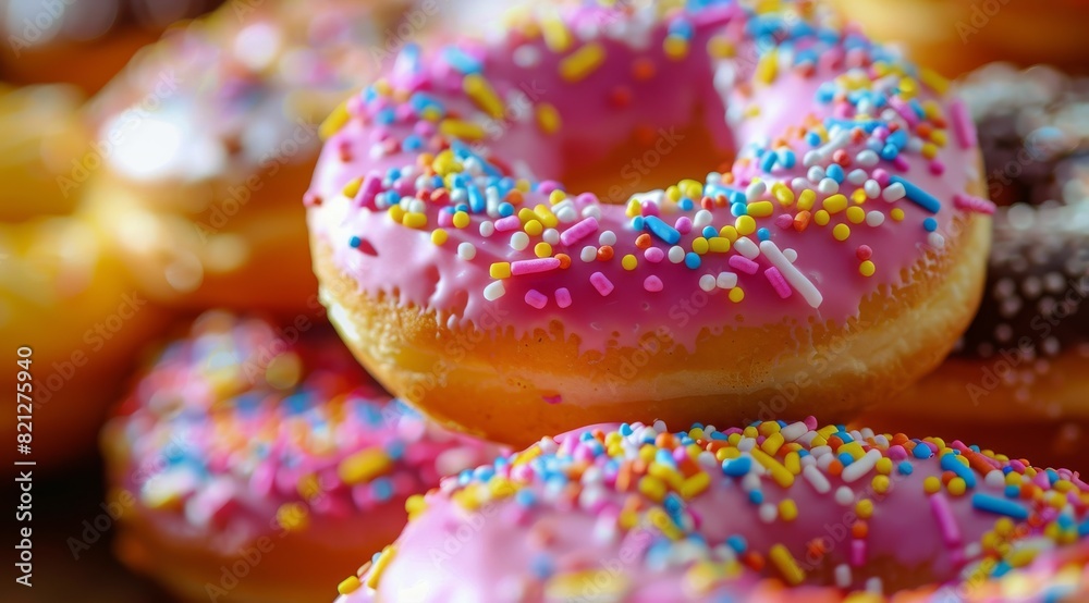 Pile of Donuts With Pink Frosting and Sprinkles Pile of Donuts With Pink Frosting and Sprinkles