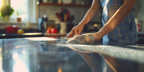 A person cleans a kitchen countertop with a grey cloth, emphasizing hygiene and tidiness
