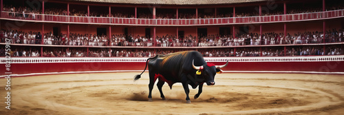 The birthday of the Portuguese bullfighting. bullfighting. A raging bull. The bull is on stage. The bullfighter dodges the bull photo