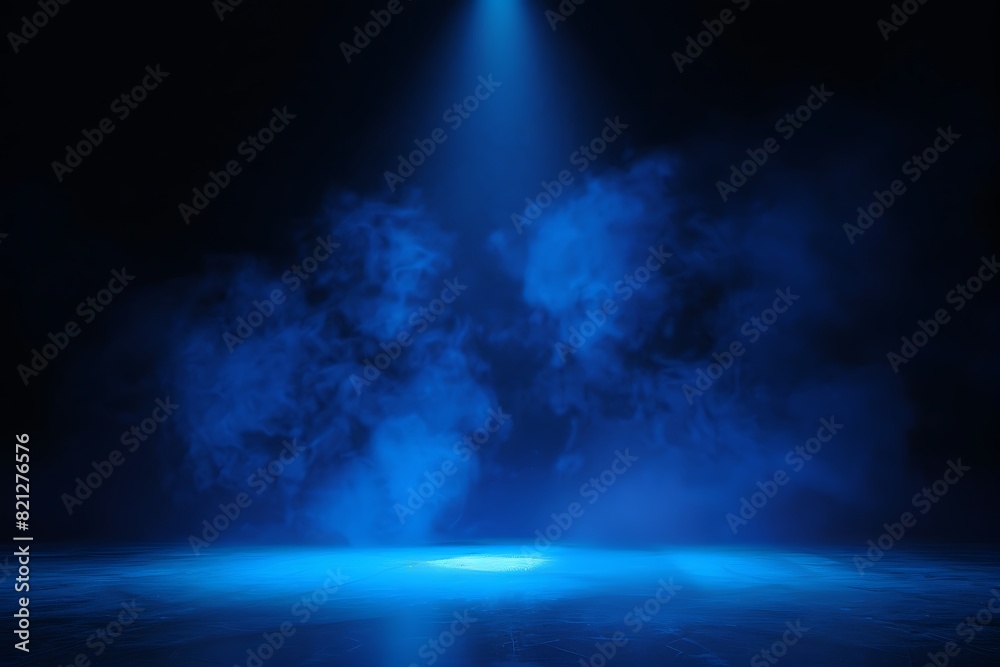 Empty dark blue stage with spotlights, smoke float up and rays of light. Stage background. A dark empty street