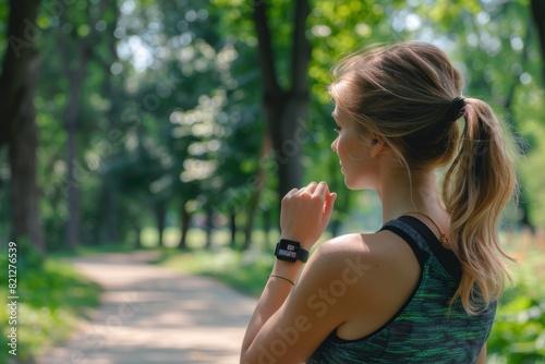Wallpaper Mural Woman Using Smartwatch for Fitness Tracking in a Lush Green Park - Ideal for Fitness, Health, and Lifestyle Designs Torontodigital.ca