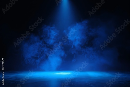 Empty dark blue stage with spotlights  smoke float up and rays of light. Stage background. A dark empty street