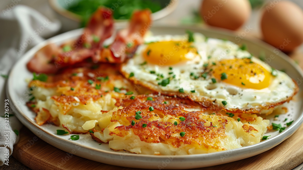 Golden hash browns served with eggs and bacon, high angle, natural light. on a white breakfast plate. Golden hash browns served with eggs and bacon, high angle, natural light. on a white breakfast plate.