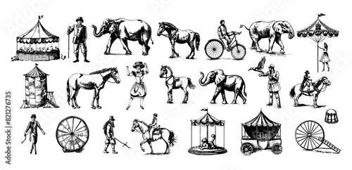 Circus ink sketch vector set. Men women tent elephant presenter showman tamer dancer carousel acrobat horse rider magician carriages poultry house characters, retro vintage illustration isolated on photo