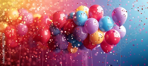 3D multi colored balloon vector illustration design with colorful confetti for party celebration