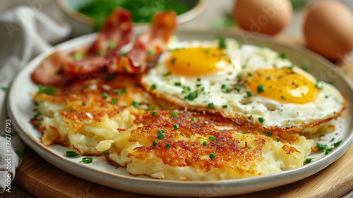 Golden hash browns served with eggs and bacon, high angle, natural light. on a white breakfast plate. photo
