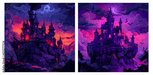 Creepy castle cartoon style vector set. Gothic fortress ghosts palace flickering windows vampires pointed spiers towers building dark sky night horrors house, splendid fantasy concepts
