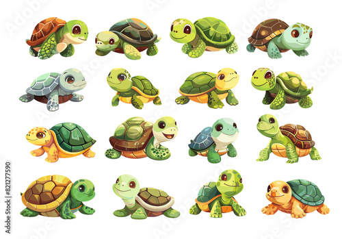 Cute turtles cartoon vector set. Green skinned reptile shell amphibian eating walking activity friendly marine freshwater animal illustration isolated on white background
