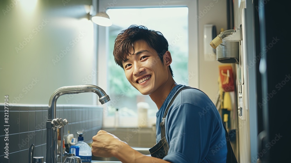 Asian smiling plumber in uniform is busy doing what he loves while in the kitchen of a customer's apartment Asian smiling plumber in uniform is busy doing what he loves while in the kitchen of a customer's apartment
