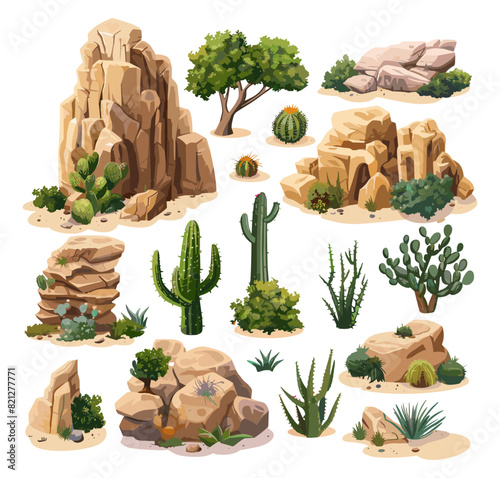 Desert flora cartoon vector set. Stones rocks cacti trees bushes thorns African sand drought plants, illustrations isolated on white background