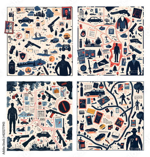 Detective board cartoon doodle vector concepts. Crime investigation murder map routes trails weapons suspects car locations notes police bandits informers, illustration isolated on white background