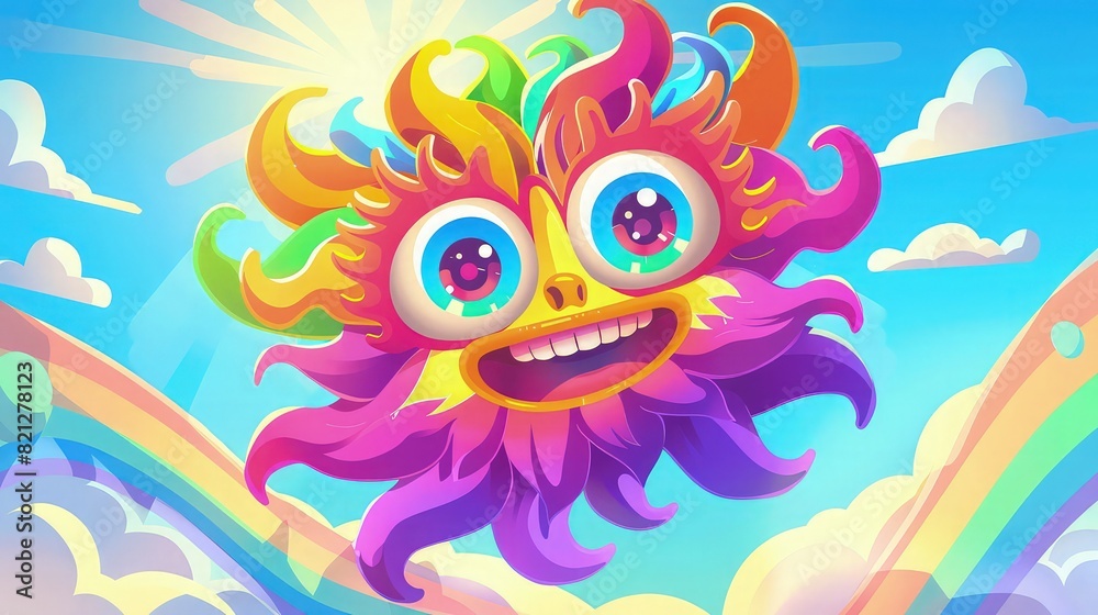 Fototapeta premium A happy colorful monster character floats in the sky with a rainbow background to provide a cheerful visual for children marketing and educational designs.