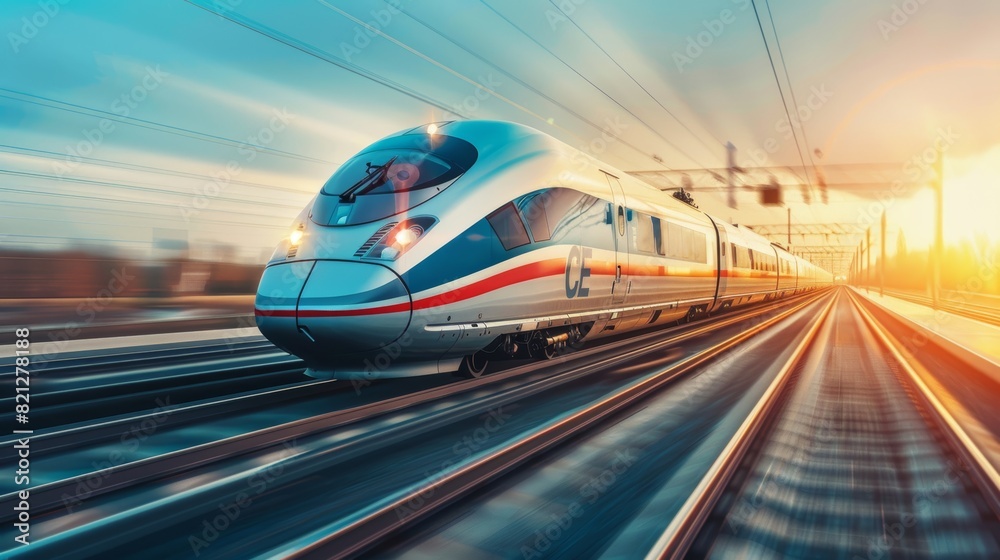 Modern High-Speed Train Gliding Through Countryside at Sunrise - Transportation Technology and Design for Poster or Print