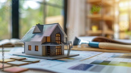 A Miniature House Model on Blueprints