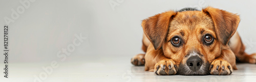 Brown cute pappy with sad eyes laying on white floor. Take puppy from animal shelter concept. Banner with copy space