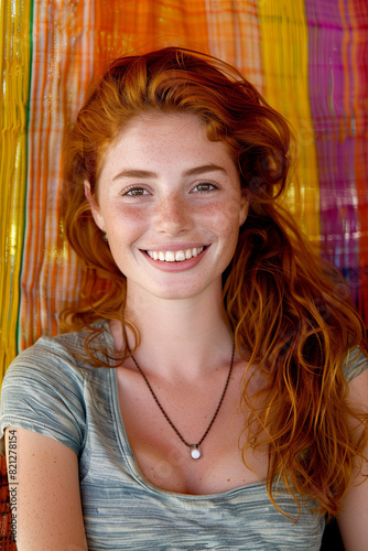 Beautiful and sensual redhead young woman smiling at the camera, posed against a vibrant colored background