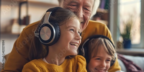 Happy grandfather with headphones sharing a musical experience with his grandchildren, enjoying family time together