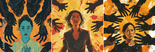 Domestic violence bullying cartoon vector concepts. Harassment frightened woman avatar face wrists hand silhouettes vulnerability rape sexual invade, pressure crime violation personal boundaries