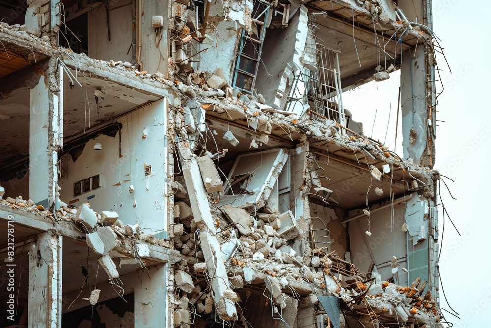 Destroyed building, conveying a scene of demolition or the aftermath of an earthquake, evoking a sense of destruction and chaos Destroyed building, conveying a scene of demolition or the aftermath of an earthquake, evoking a sense of destruction and chaos