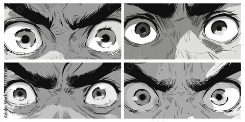 Eyes asian guy look comic ink sketch vector set. Man manga fright rage surprise anger emotions monochrome grayscale frame anime character illustration isolated on white background