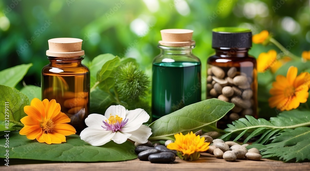 Assorted natural herbal and vitamin supplements carefully placed on vibrant green leaves