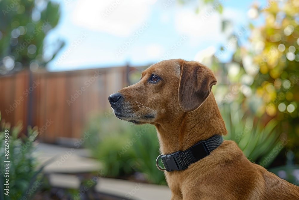 Golden Retriever with GPS Tracking Collar in a Lush Backyard, Safety and Technology Integration Golden Retriever with GPS Tracking Collar in a Lush Backyard, Safety and Technology Integration