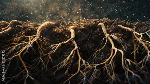 Intricate Network of Tree Roots Anchored in Dark Soil