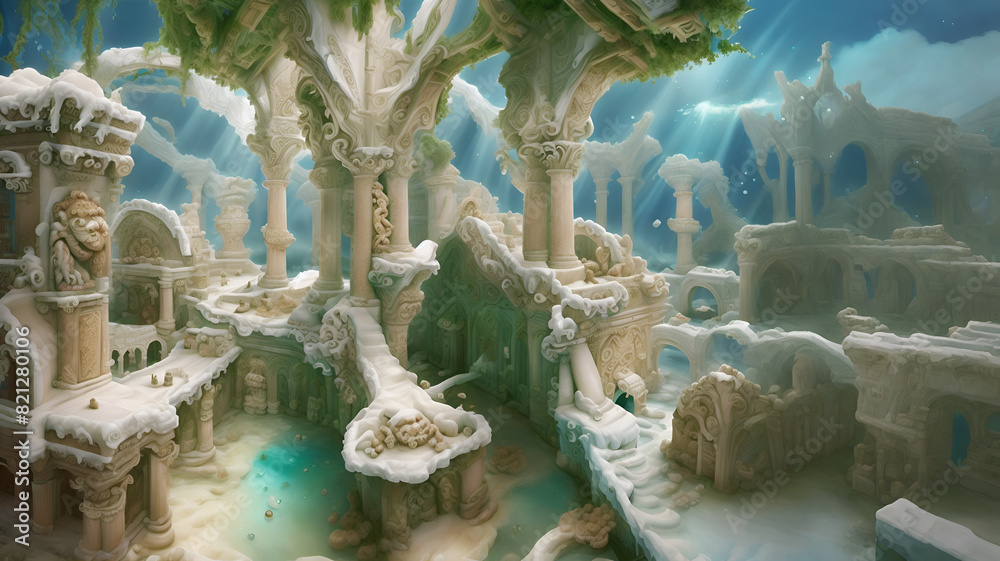 Fototapeta premium Construction with columns of lost civilization world under water. Lost ancient civilization. Ai generated