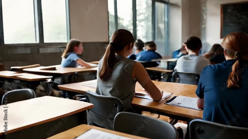 Students sitting at desks in a classroom, facing away from the camera Students sitting at desks in a classroom, facing away from the camera